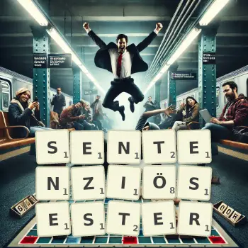 Kreative Illustration für ein Scrabble-Spiel, bei dem das Wort SENTENZIÖSESTER mit Steinen auf dem Brett gelegt wurde.