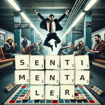 Kreative Illustration für ein Scrabble-Spiel, bei dem das Wort SENTIMENTALER mit Steinen auf dem Brett gelegt wurde.