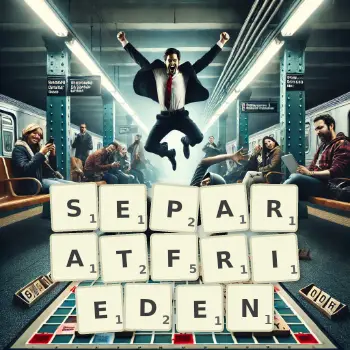 Kreative Illustration für ein Scrabble-Spiel, bei dem das Wort SEPARATFRIEDEN mit Steinen auf dem Brett gelegt wurde.