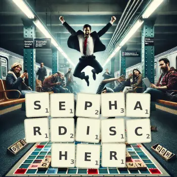 Kreative Illustration für ein Scrabble-Spiel, bei dem das Wort SEPHARDISCHER mit Steinen auf dem Brett gelegt wurde.