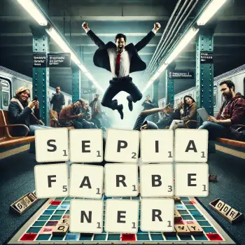 Kreative Illustration für ein Scrabble-Spiel, bei dem das Wort SEPIAFARBENER mit Steinen auf dem Brett gelegt wurde.