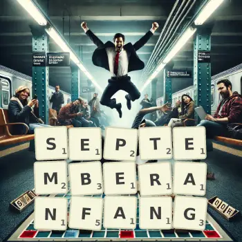 Kreative Illustration für ein Scrabble-Spiel, bei dem das Wort SEPTEMBERANFANG mit Steinen auf dem Brett gelegt wurde.