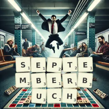 Kreative Illustration für ein Scrabble-Spiel, bei dem das Wort SEPTEMBERBUCH mit Steinen auf dem Brett gelegt wurde.