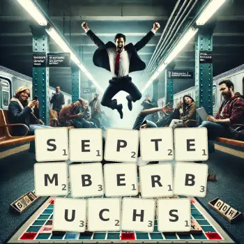Kreative Illustration für ein Scrabble-Spiel, bei dem das Wort SEPTEMBERBUCHS mit Steinen auf dem Brett gelegt wurde.