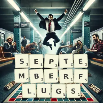 Kreative Illustration für ein Scrabble-Spiel, bei dem das Wort SEPTEMBERFLUGS mit Steinen auf dem Brett gelegt wurde.