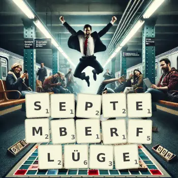 Kreative Illustration für ein Scrabble-Spiel, bei dem das Wort SEPTEMBERFLÜGE mit Steinen auf dem Brett gelegt wurde.
