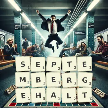 Kreative Illustration für ein Scrabble-Spiel, bei dem das Wort SEPTEMBERGEHALT mit Steinen auf dem Brett gelegt wurde.