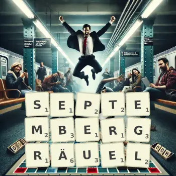 Kreative Illustration für ein Scrabble-Spiel, bei dem das Wort SEPTEMBERGRÄUEL mit Steinen auf dem Brett gelegt wurde.