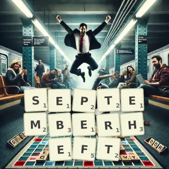 Kreative Illustration für ein Scrabble-Spiel, bei dem das Wort SEPTEMBERHEFT mit Steinen auf dem Brett gelegt wurde.