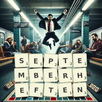 Kreative Illustration für ein Scrabble-Spiel, bei dem das Wort SEPTEMBERHEFTEN mit Steinen auf dem Brett gelegt wurde.
