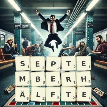 Kreative Illustration für ein Scrabble-Spiel, bei dem das Wort SEPTEMBERHÄLFTE mit Steinen auf dem Brett gelegt wurde.
