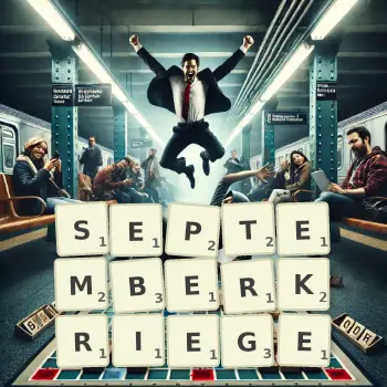 Kreative Illustration für ein Scrabble-Spiel, bei dem das Wort SEPTEMBERKRIEGE mit Steinen auf dem Brett gelegt wurde.