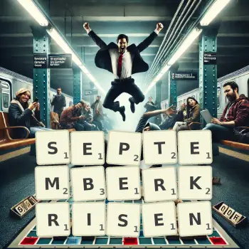 Kreative Illustration für ein Scrabble-Spiel, bei dem das Wort SEPTEMBERKRISEN mit Steinen auf dem Brett gelegt wurde.