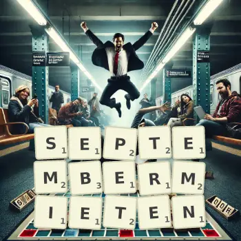 Kreative Illustration für ein Scrabble-Spiel, bei dem das Wort SEPTEMBERMIETEN mit Steinen auf dem Brett gelegt wurde.