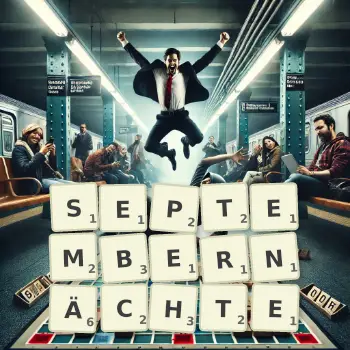 Kreative Illustration für ein Scrabble-Spiel, bei dem das Wort SEPTEMBERNÄCHTE mit Steinen auf dem Brett gelegt wurde.