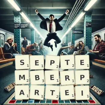 Kreative Illustration für ein Scrabble-Spiel, bei dem das Wort SEPTEMBERPARTEI mit Steinen auf dem Brett gelegt wurde.