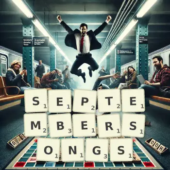 Kreative Illustration für ein Scrabble-Spiel, bei dem das Wort SEPTEMBERSONGS mit Steinen auf dem Brett gelegt wurde.