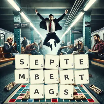 Kreative Illustration für ein Scrabble-Spiel, bei dem das Wort SEPTEMBERTAGS mit Steinen auf dem Brett gelegt wurde.