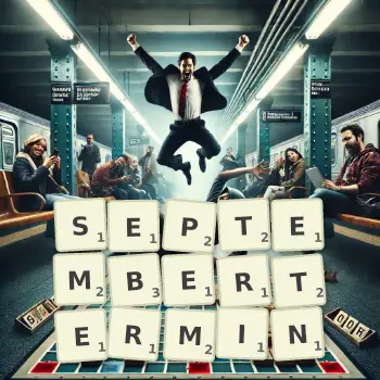 Kreative Illustration für ein Scrabble-Spiel, bei dem das Wort SEPTEMBERTERMIN mit Steinen auf dem Brett gelegt wurde.