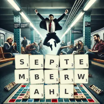 Kreative Illustration für ein Scrabble-Spiel, bei dem das Wort SEPTEMBERWAHL mit Steinen auf dem Brett gelegt wurde.