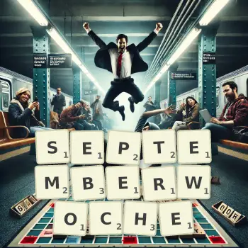 Kreative Illustration für ein Scrabble-Spiel, bei dem das Wort SEPTEMBERWOCHE mit Steinen auf dem Brett gelegt wurde.