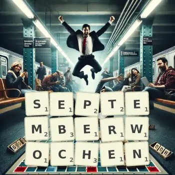 Kreative Illustration für ein Scrabble-Spiel, bei dem das Wort SEPTEMBERWOCHEN mit Steinen auf dem Brett gelegt wurde.
