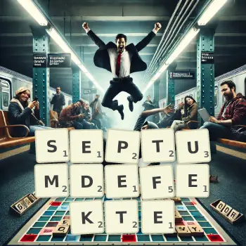 Kreative Illustration für ein Scrabble-Spiel, bei dem das Wort SEPTUMDEFEKTE mit Steinen auf dem Brett gelegt wurde.