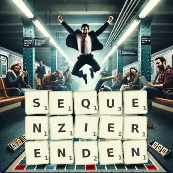 Kreative Illustration für ein Scrabble-Spiel, bei dem das Wort SEQUENZIERENDEN mit Steinen auf dem Brett gelegt wurde.