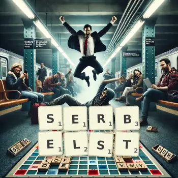 Kreative Illustration für ein Scrabble-Spiel, bei dem das Wort SERBELST mit Steinen auf dem Brett gelegt wurde.