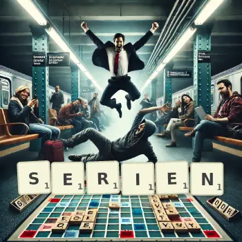 Kreative Illustration für ein Scrabble-Spiel, bei dem das Wort SERIEN mit Steinen auf dem Brett gelegt wurde.