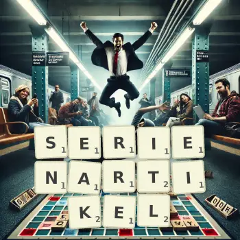 Kreative Illustration für ein Scrabble-Spiel, bei dem das Wort SERIENARTIKEL mit Steinen auf dem Brett gelegt wurde.