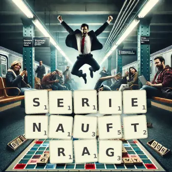 Kreative Illustration für ein Scrabble-Spiel, bei dem das Wort SERIENAUFTRAG mit Steinen auf dem Brett gelegt wurde.