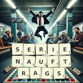 Kreative Illustration für ein Scrabble-Spiel, bei dem das Wort SERIENAUFTRAGS mit Steinen auf dem Brett gelegt wurde.