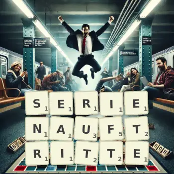 Kreative Illustration für ein Scrabble-Spiel, bei dem das Wort SERIENAUFTRITTE mit Steinen auf dem Brett gelegt wurde.