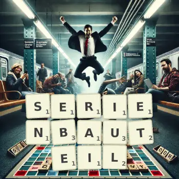 Kreative Illustration für ein Scrabble-Spiel, bei dem das Wort SERIENBAUTEIL mit Steinen auf dem Brett gelegt wurde.