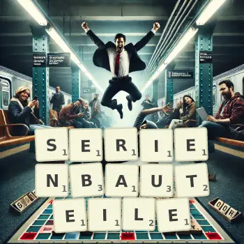 Kreative Illustration für ein Scrabble-Spiel, bei dem das Wort SERIENBAUTEILE mit Steinen auf dem Brett gelegt wurde.