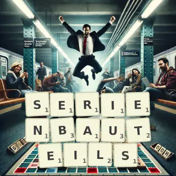 Kreative Illustration für ein Scrabble-Spiel, bei dem das Wort SERIENBAUTEILS mit Steinen auf dem Brett gelegt wurde.