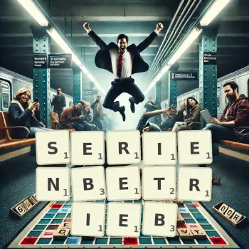 Kreative Illustration für ein Scrabble-Spiel, bei dem das Wort SERIENBETRIEB mit Steinen auf dem Brett gelegt wurde.