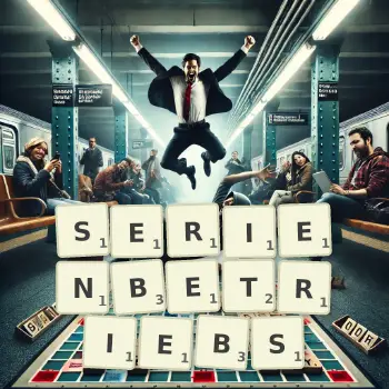 Kreative Illustration für ein Scrabble-Spiel, bei dem das Wort SERIENBETRIEBS mit Steinen auf dem Brett gelegt wurde.