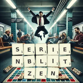 Kreative Illustration für ein Scrabble-Spiel, bei dem das Wort SERIENBLITZEN mit Steinen auf dem Brett gelegt wurde.