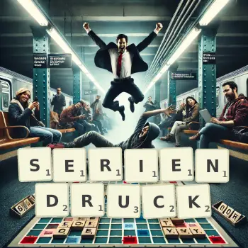 Kreative Illustration für ein Scrabble-Spiel, bei dem das Wort SERIENDRUCK mit Steinen auf dem Brett gelegt wurde.