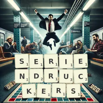 Kreative Illustration für ein Scrabble-Spiel, bei dem das Wort SERIENDRUCKERS mit Steinen auf dem Brett gelegt wurde.