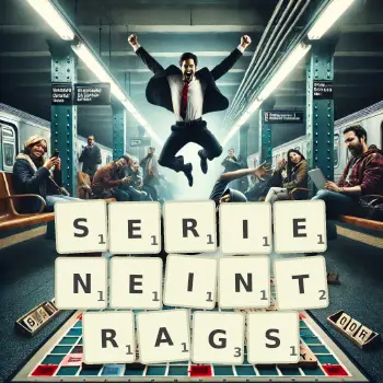 Kreative Illustration für ein Scrabble-Spiel, bei dem das Wort SERIENEINTRAGS mit Steinen auf dem Brett gelegt wurde.