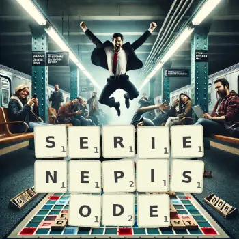 Kreative Illustration für ein Scrabble-Spiel, bei dem das Wort SERIENEPISODE mit Steinen auf dem Brett gelegt wurde.