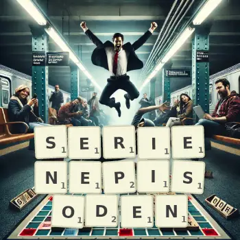 Kreative Illustration für ein Scrabble-Spiel, bei dem das Wort SERIENEPISODEN mit Steinen auf dem Brett gelegt wurde.