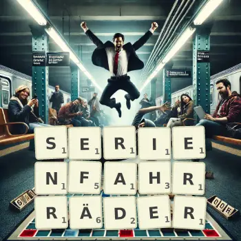 Kreative Illustration für ein Scrabble-Spiel, bei dem das Wort SERIENFAHRRÄDER mit Steinen auf dem Brett gelegt wurde.
