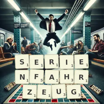 Kreative Illustration für ein Scrabble-Spiel, bei dem das Wort SERIENFAHRZEUG mit Steinen auf dem Brett gelegt wurde.