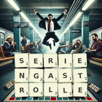 Kreative Illustration für ein Scrabble-Spiel, bei dem das Wort SERIENGASTROLLE mit Steinen auf dem Brett gelegt wurde.