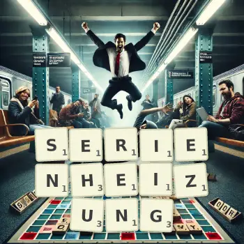 Kreative Illustration für ein Scrabble-Spiel, bei dem das Wort SERIENHEIZUNG mit Steinen auf dem Brett gelegt wurde.