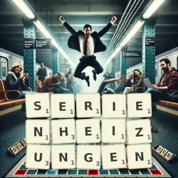 Kreative Illustration für ein Scrabble-Spiel, bei dem das Wort SERIENHEIZUNGEN mit Steinen auf dem Brett gelegt wurde.